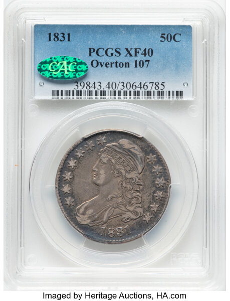 image for: 1831 50C O-107, R.3, XF40 PCGS. CAC. PCGS Population: 7 in 40, 15 finer. CAC: 2 in 40, 3 finer (10/25). CDN: $176 Whsle. Bi...