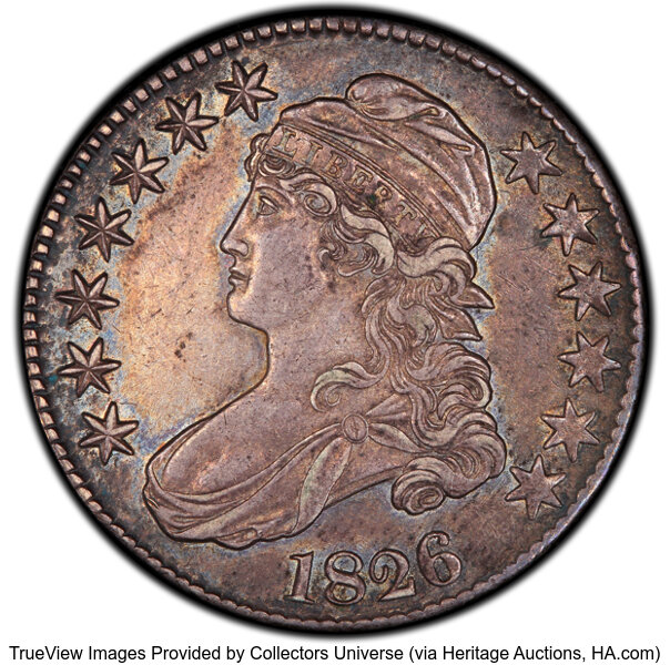 image for: 1826 50C O-115'a', High R.4, XF45 PCGS. A delicate die crack passes through the left-side stars. PCGS Population: 2 in 45, ...