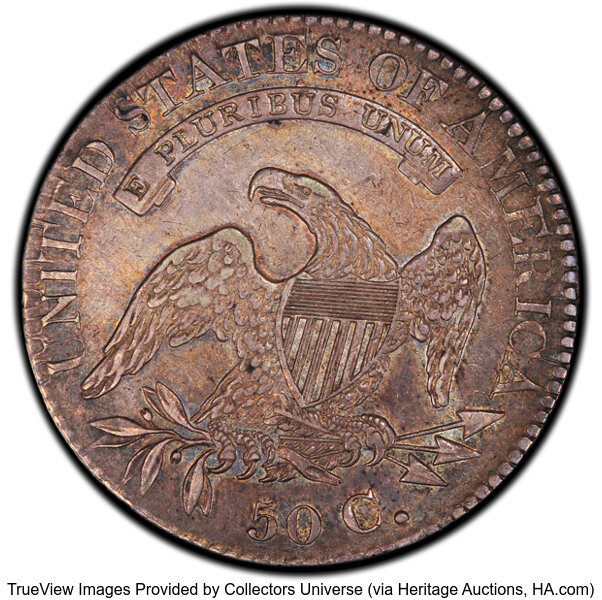 image for: 1826 50C O-115'a', High R.4, XF45 PCGS. A delicate die crack passes through the left-side stars. PCGS Population: 2 in 45, ...