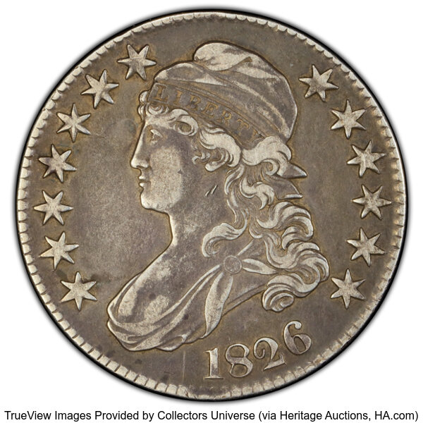 image for: 1826 50C O-110, R.2, VF35 PCGS. PCGS Population: 4 in 35, 37 finer (10/25). CDN: $130 Whsle. Bid for NGC/PCGS VF35. Mintage...