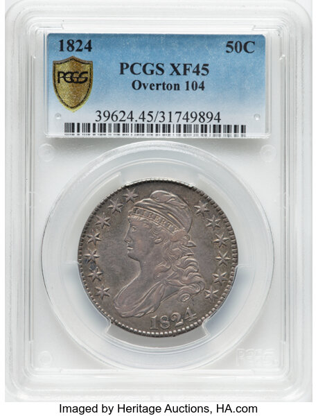 image for: 1824 50C O-104, R.3, XF45 PCGS. PCGS Population: 3 in 45, 11 finer (10/25). CDN: $199.50 Whsle. Bid for NGC/PCGS XF45. Mint...