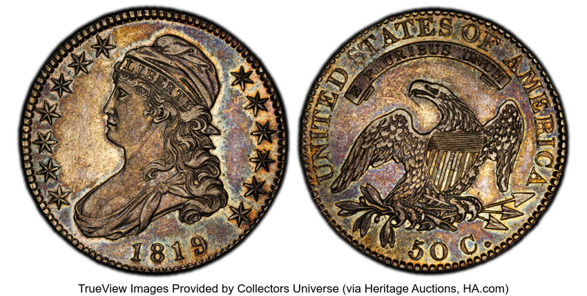 image for: 1819 50C O-107, R.4, AU50 PCGS. PCGS Population: 2 in 50, 4 finer (10/25). CDN: $660 Whsle. Bid for NGC/PCGS AU50. Mintage ...