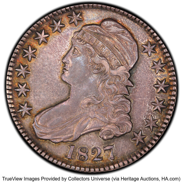 image for: 1827 50C Square Base 2, O-110, Low R.4, AU53 PCGS. PCGS Population: 4 in 53, 8 finer (10/25). CDN: $363 Whsle. Bid for NGC/...