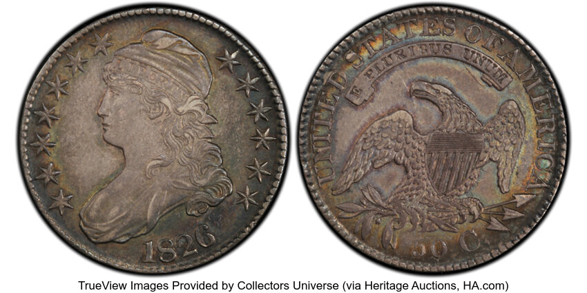 image for: 1826 50C O-112a, R.2, XF45 PCGS. PCGS Population: 4 in 45, 9 finer (10/25). CDN: $190 Whsle. Bid for NGC/PCGS XF45. Mintage...