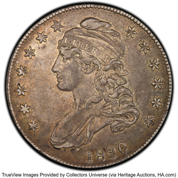 image for: 1836 50C Lettered Edge, O-109, Low R.4, XF45 PCGS. PCGS Population: 2 in 45, 8 finer (10/25). CDN: $228 Whsle. Bid for NGC/...