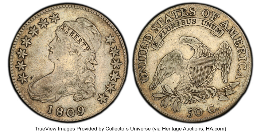 image for: 1809 50C Normal Edge, O-114a, Low R.5, VF30 PCGS. Designated as O-114 by PCGS, but a die crack is evident through the tops ...