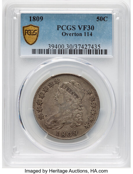 image for: 1809 50C Normal Edge, O-114a, Low R.5, VF30 PCGS. Designated as O-114 by PCGS, but a die crack is evident through the tops ...