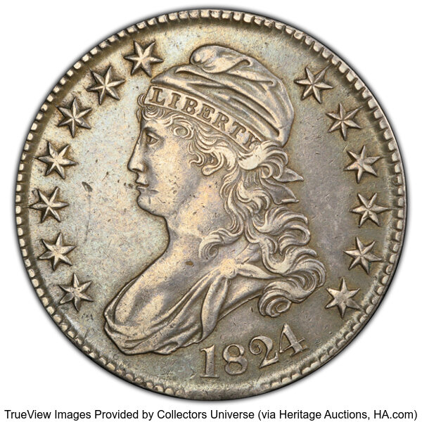 image for: 1824 50C O-114, Low R.5, AU50 PCGS. PCGS Population: 3 in 50, 3 finer (10/25). CDN: $1,200 Whsle. Bid for NGC/PCGS AU50. Mi...