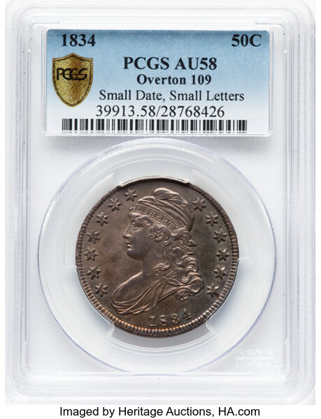 image for: 1834 50C Small Date, Small Letters, O-109, R.1, AU58 PCGS. PCGS Population: 6 in 58 (1 in 58+), 8 finer (10/25). CDN: $600 ...