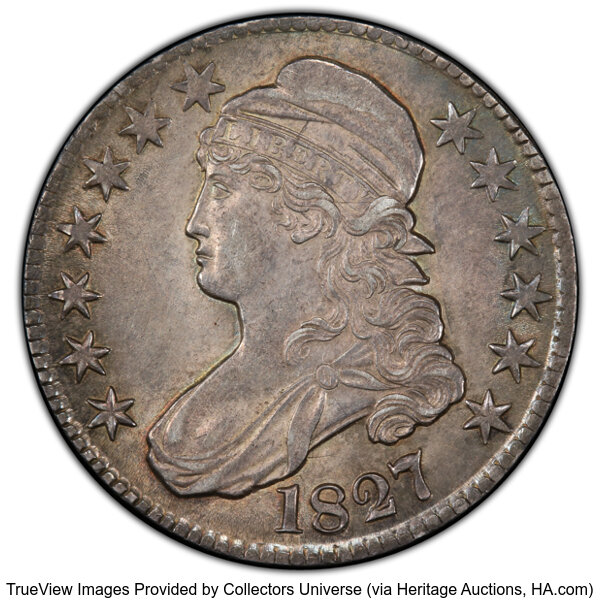 image for: 1827 50C Square Base 2, O-128, R.4, AU58 PCGS. PCGS Population: 1 in 58, 3 finer (10/25). CDN: $792 Whsle. Bid for NGC/PCGS...