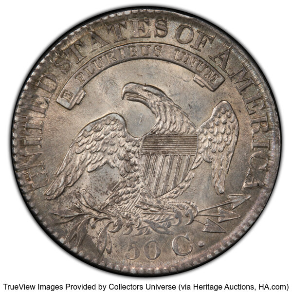 image for: 1827 50C Square Base 2, O-128, R.4, AU58 PCGS. PCGS Population: 1 in 58, 3 finer (10/25). CDN: $792 Whsle. Bid for NGC/PCGS...