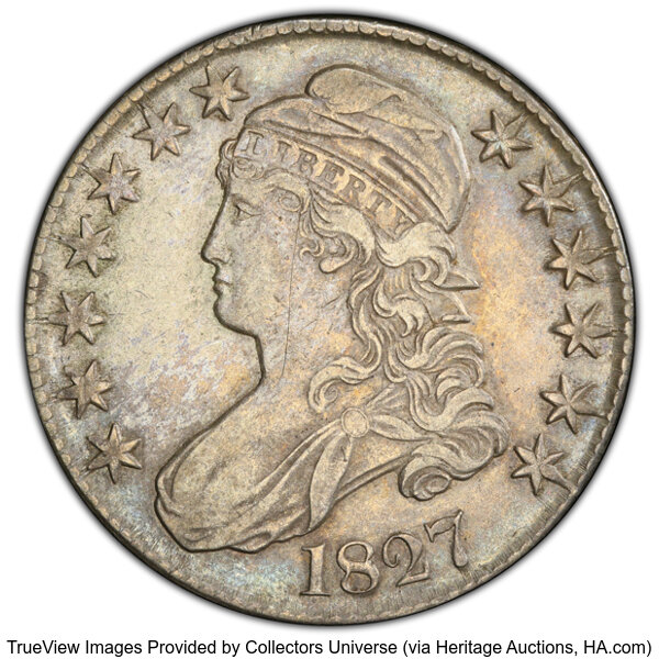 image for: 1827 50C Square Base 2, O-125, R.3, AU50 PCGS. PCGS Population: 3 in 50, 16 finer (10/25). CDN: $308.55 Whsle. Bid for NGC/...