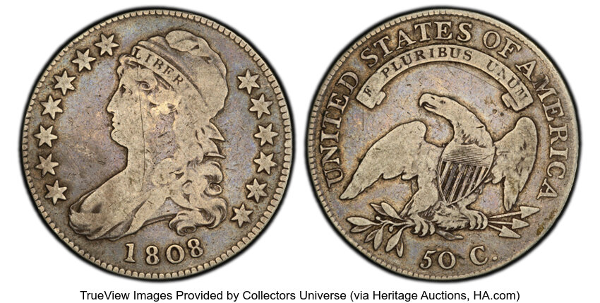 image for: 1808 50C O-102, R.5, VG10 PCGS. PCGS Population: 2 in 10, 7 finer (10/25). CDN: $121.20 Whsle. Bid for NGC/PCGS VG10....