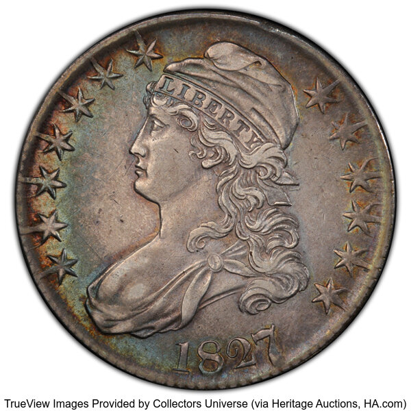 image for: 1827/6 50C O-103, R.4, AU50 PCGS. PCGS Population: 3 in 50, 7 finer (10/25). CDN: $660 Whsle. Bid for NGC/PCGS AU50. Mintag...