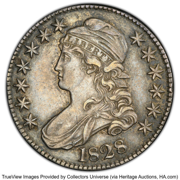 image for: 1828 50C Curl Base 2, No Knob, O-103, R.2, AU53 PCGS. PCGS Population: 3 in 53, 8 finer (10/25). CDN: $300 Whsle. Bid for N...