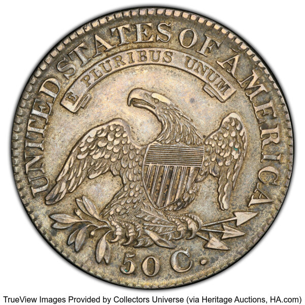 image for: 1828 50C Curl Base 2, No Knob, O-103, R.2, AU53 PCGS. PCGS Population: 3 in 53, 8 finer (10/25). CDN: $300 Whsle. Bid for N...