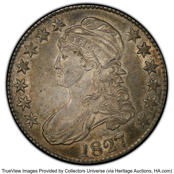 image for: 1827 50C Square Base 2, O-106, R.2, AU58 PCGS. PCGS Population: 7 in 58, 5 finer (10/25). CDN: $660 Whsle. Bid for NGC/PCGS...