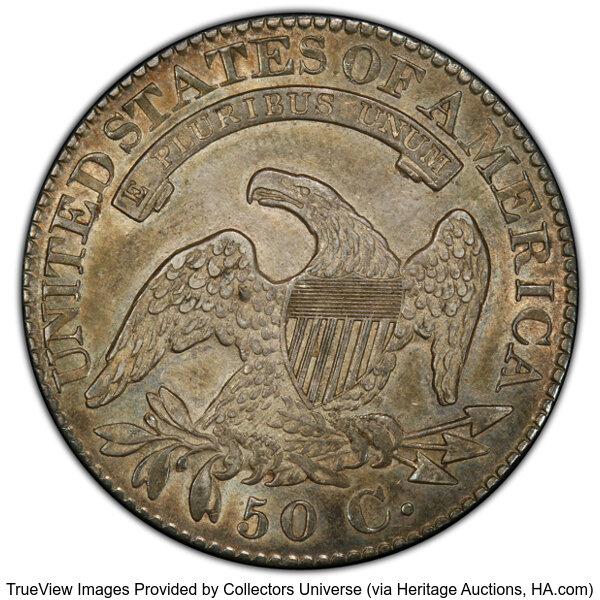 image for: 1827 50C Square Base 2, O-106, R.2, AU58 PCGS. PCGS Population: 7 in 58, 5 finer (10/25). CDN: $660 Whsle. Bid for NGC/PCGS...