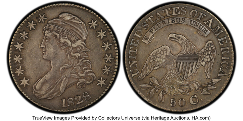 image for: 1828 50C Square Base 2, Small 8s, Large Letters, O-117a, R.1, XF40 PCGS. PCGS Population: 2 in 40, 11 finer (10/25). CDN: $...