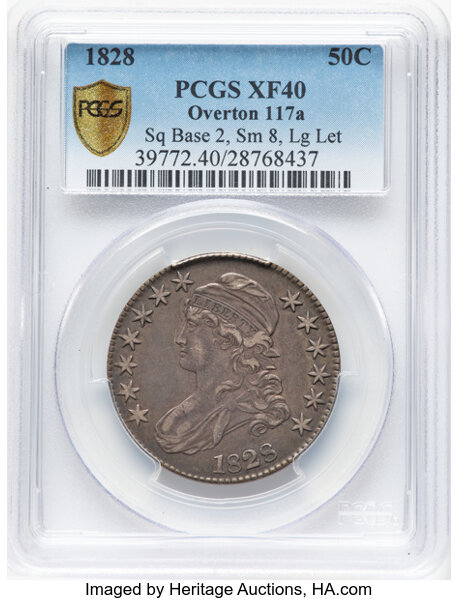 image for: 1828 50C Square Base 2, Small 8s, Large Letters, O-117a, R.1, XF40 PCGS. PCGS Population: 2 in 40, 11 finer (10/25). CDN: $...