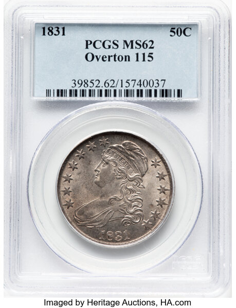 image for: 1831 50C O-115, R.4, MS62 PCGS. PCGS Population: 2 in 62, 2 finer (10/25). CDN: $1,200 Whsle. Bid for NGC/PCGS MS62. Mintag...