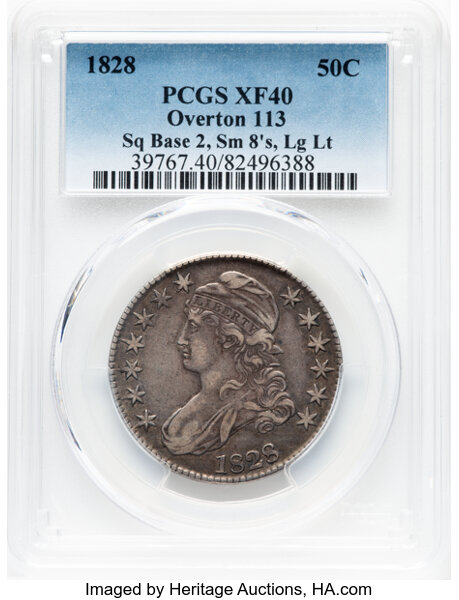 image for: 1828 50C Square Base 2, Small 8s, Large Letters, O-113, R.3, XF40 PCGS. PCGS Population: 5 in 40, 14 finer (10/25). CDN: $1...