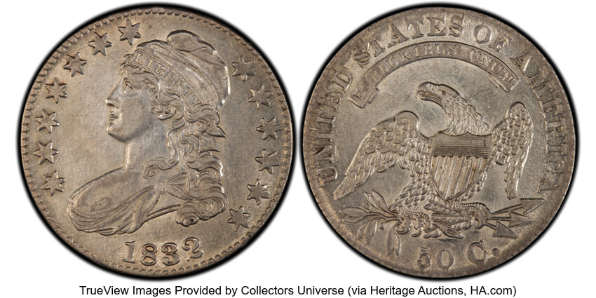 image for: 1832 50C Small Letters, O-119, Low R.4, AU50 PCGS. PCGS Population: 2 in 50, 8 finer (10/25). CDN: $306 Whsle. Bid for NGC/...