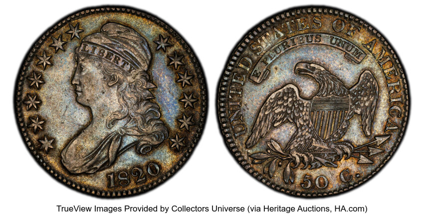 image for: 1820 50C Square Base 2, Large Date, No Knob, O-106, R.2, AU53 PCGS. PCGS Population: 5 in 53, 13 finer (10/25). CDN: $900 W...