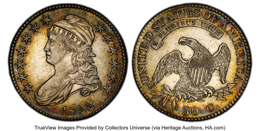 image for: 1822 50C O-113, R.3, AU50 PCGS. PCGS Population: 3 in 50, 8 finer (10/25). CDN: $399 Whsle. Bid for NGC/PCGS AU50....