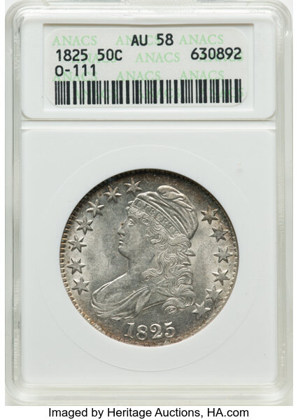 image for: 1825 50C O-111, R.2, AU58 ANACS. Housed in a small-sized holder. Mintage 2,900,000....