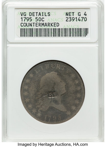 image for: 1795 50C 2 Leaves, O-112, T-20, R.4 -- Countermarked -- ANACS Details. VG Details, Net Good 4. Incused rectangular SH count...