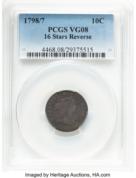 image for: 1798/97 10C 16 Stars Reverse, JR-1, R.3, VG8 PCGS. CDN: $1,400 Whsle. Bid for NGC/PCGS VG8 . Mintage 27,550....