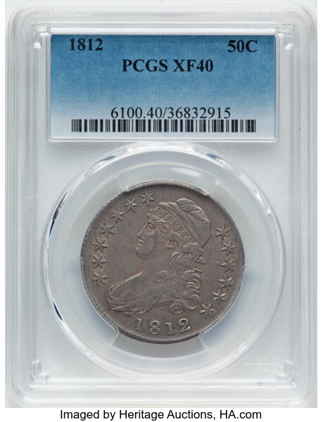 image for: 1812 50C Large 8, O-109a, R.2, XF40 PCGS.  CDN: $440 Whsle. Bid for NGC/PCGS XF40. Mintage 1,628,059....