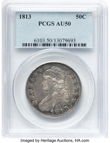 image for: 1813 50C O-108, R.3, AU50 PCGS. CDN: $840 Whsle. Bid for NGC/PCGS AU50. Mintage 1,241,903....