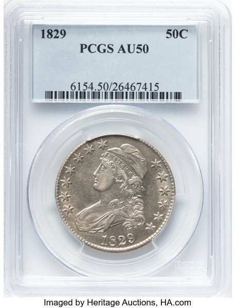 image for: 1829 50C Small Letters, O-103, R.2, AU50 PCGS.  CDN: $255 Whsle. Bid for NGC/PCGS AU50. Mintage 3,712,156....