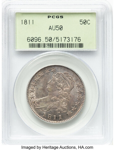 image for: 1811 50C Small 8, O-105a, R.2, AU50 PCGS. Housed in a Generation 3.0 green label holder. CDN: $750 Whsle. Bid for NGC/PCGS ...