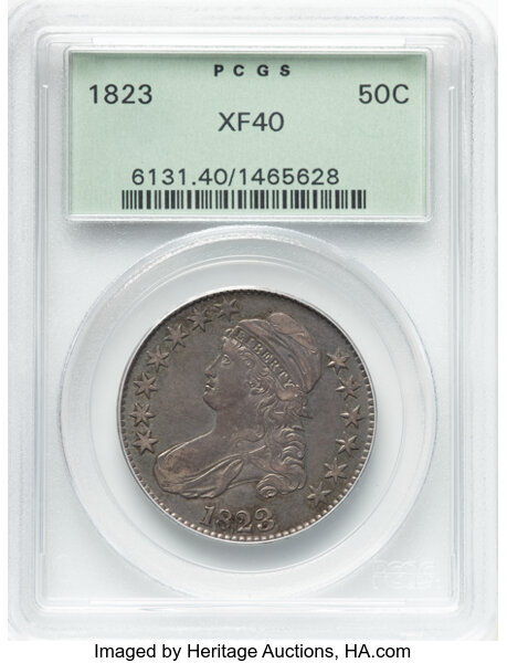 image for: 1823 50C O-108, R.3, XF40 PCGS. Housed in a Generation 3.1 green label holder.  CDN: $262.50 Whsle. Bid for NGC/PCGS XF40. ...