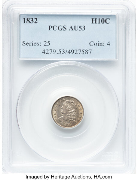 image for: 1832 H10C V-1, LM-3, R.1, AU53 PCGS. CDN: $235 Whsle. Bid for NGC/PCGS AU53. Mintage 965,000....