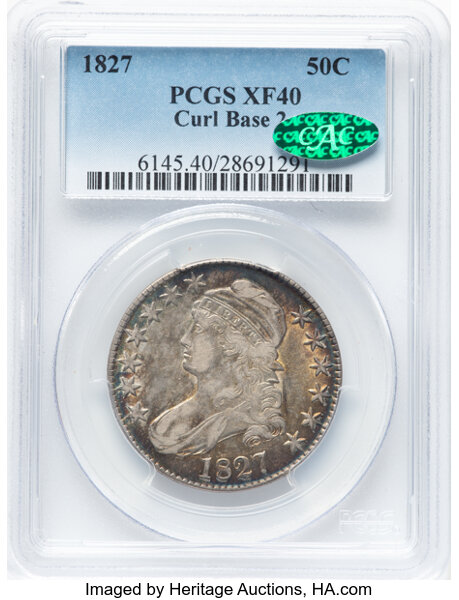image for: 1827 50C Curl Base 2, O-146, R.1, XF40 PCGS. CAC. CDN: $360 Whsle. Bid for NGC/PCGS XF40....