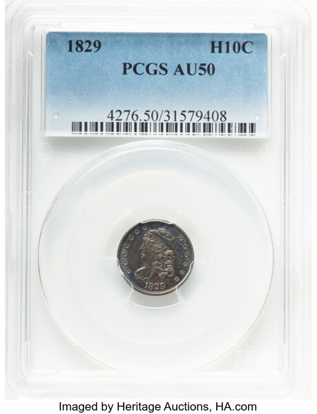 image for: 1829 H10C V-2, LM-3, R.2, AU50 PCGS. CDN: $220 Whsle. Bid for NGC/PCGS AU50. Mintage 1,230,000....