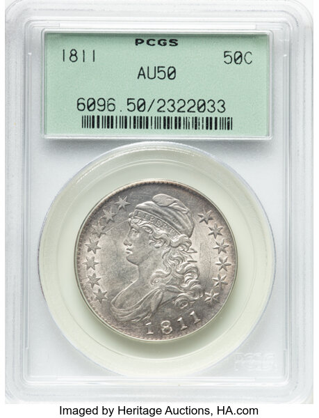 image for: 1811 50C Large 8, O-104a, R.1, AU50 PCGS. Housed in a Generation 3.0 green label holder. CDN: $1,000 Whsle. Bid for NGC/PCG...