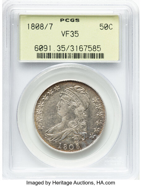 image for: 1808/7 50C O-101, R.1, VF35 PCGS. Housed in a Generation 3.0 green label holder. CDN: $440 Whsle. Bid for NGC/PCGS VF35....