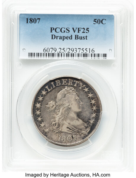 image for: 1807 50C Draped Bust, O-110a, R.2, VF25 PCGS.  CDN: $690 Whsle. Bid for NGC/PCGS VF25. Mintage 301,076....