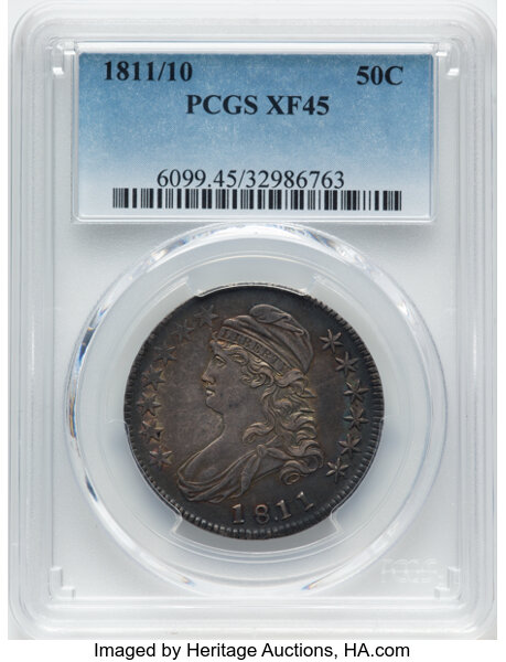 image for: 1811/10 50C O-101, R.1, XF45 PCGS. CDN: $750 Whsle. Bid for NGC/PCGS XF45. Mintage 1,203,644....