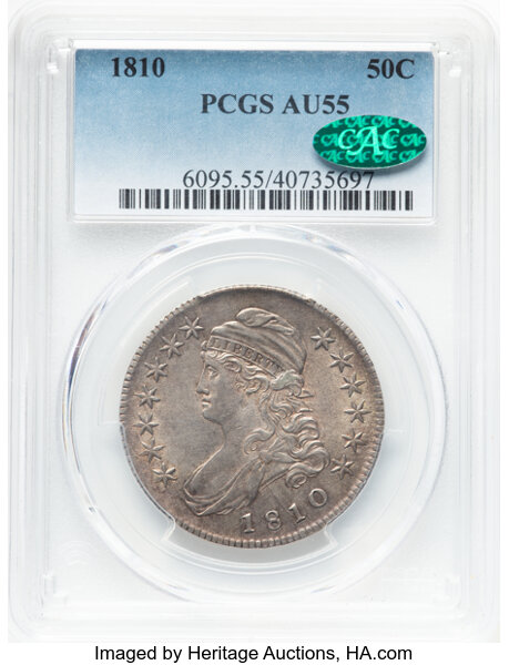 image for: 1810 50C O-107a, R.3, AU55 PCGS. CAC. CDN: $1,680 Whsle. Bid for NGC/PCGS AU55. Mintage 1,276,276....