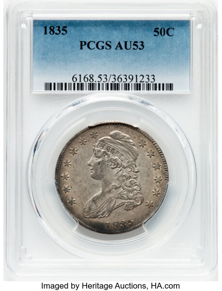 image for: 1835 50C O-103, R.2, AU53 PCGS.  CDN: $275 Whsle. Bid for NGC/PCGS AU53. Mintage 5,352,006....