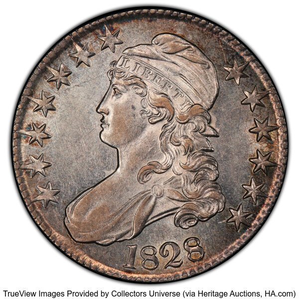 image for: 1828 50C Curl Base 2, No Knob, O-102, R.2, AU58 PCGS. Housed in a PCGS 35th Anniversary holder.  CDN: $700 Whsle. Bid for N...