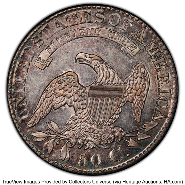 image for: 1828 50C Curl Base 2, No Knob, O-102, R.2, AU58 PCGS. Housed in a PCGS 35th Anniversary holder.  CDN: $700 Whsle. Bid for N...