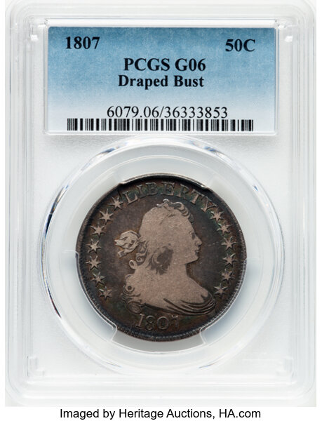 image for: 1807 50C Draped Bust, O-108, T-1, Low R.4, Good 6 PCGS.  CDN: $300 Whsle. Bid for NGC/PCGS Good 6 . Mintage 301,076....