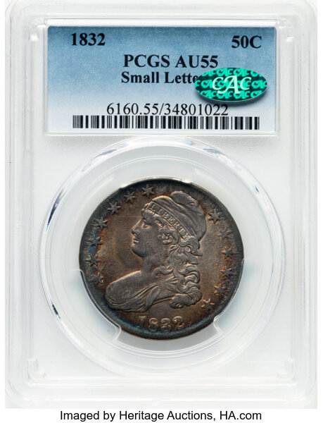 image for: 1832 50C Small Letters, O-113, R.2, AU55 PCGS. CAC. CDN: $400 Whsle. Bid for NGC/PCGS AU55. Mintage 4,797,000....